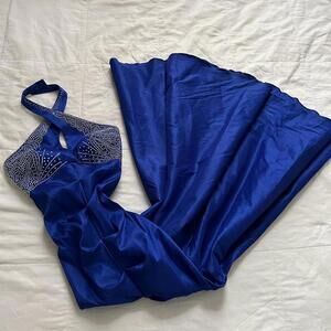 Vintage blue studded fishtail maxi cross halter high neckline dress Size 3